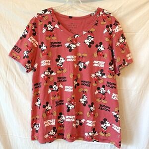 Disney Mickey Mouse T-Shirt 1X Red Pink All Over Print V-Neck Short Sleeve Tee‎